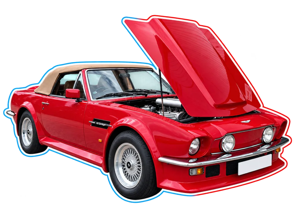 Red Aston Martin V8 Volante with its bonnet raised in the workshop