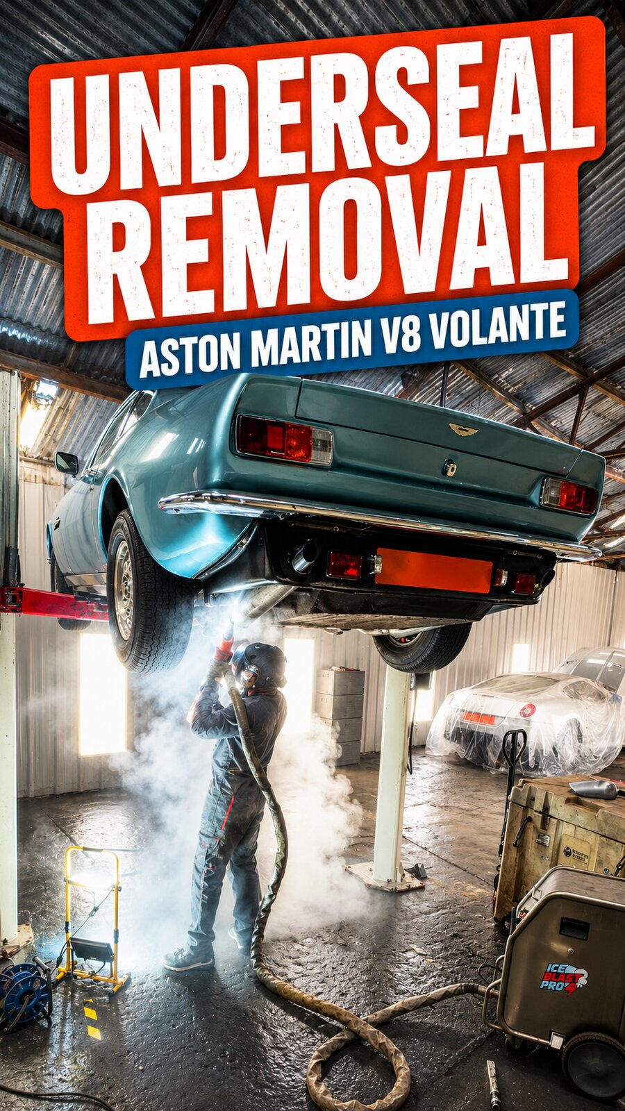 Underseal removal on an Aston Martin V8 Volante underside with dry ice blasting – IceBlastPro