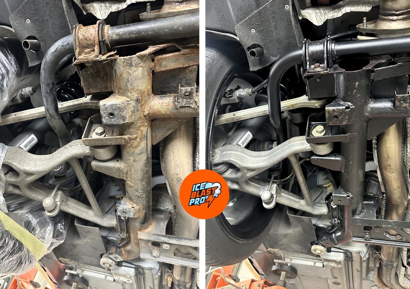Aston Martin Vanquish subframe mounting and bracket area before and after cleaning, rust treatment and protection
