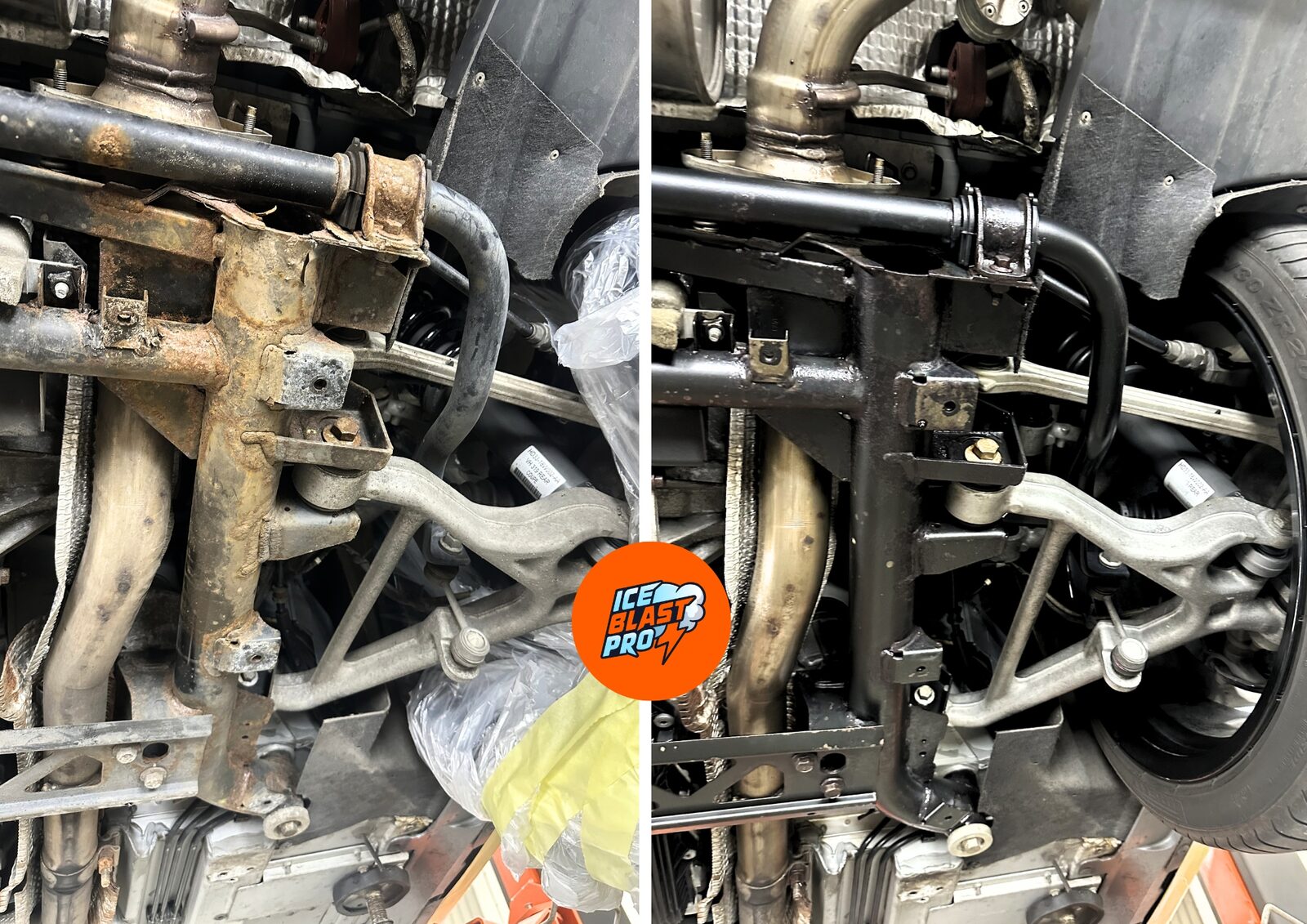Aston Martin Vanquish rear subframe before and after dry ice blasting, cleaned back to reveal the original metal and finishes