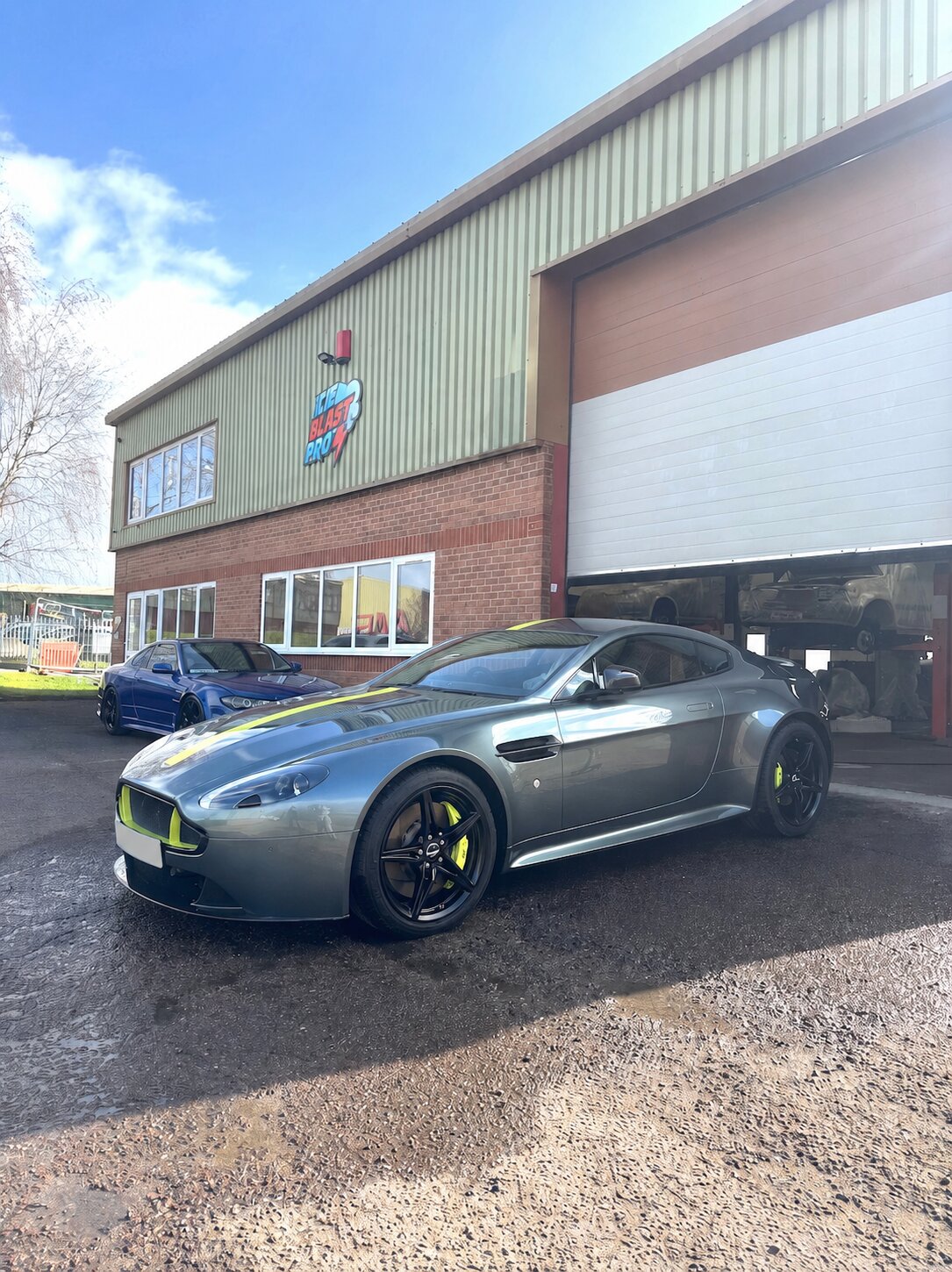 Aston Martin V12 Vantage S outside the IceBlastPro workshop