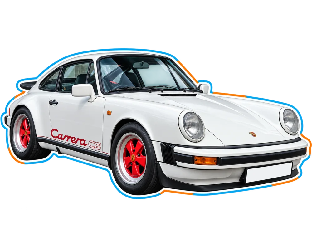 White classic Porsche 911 Carrera CS with red wheels and side script