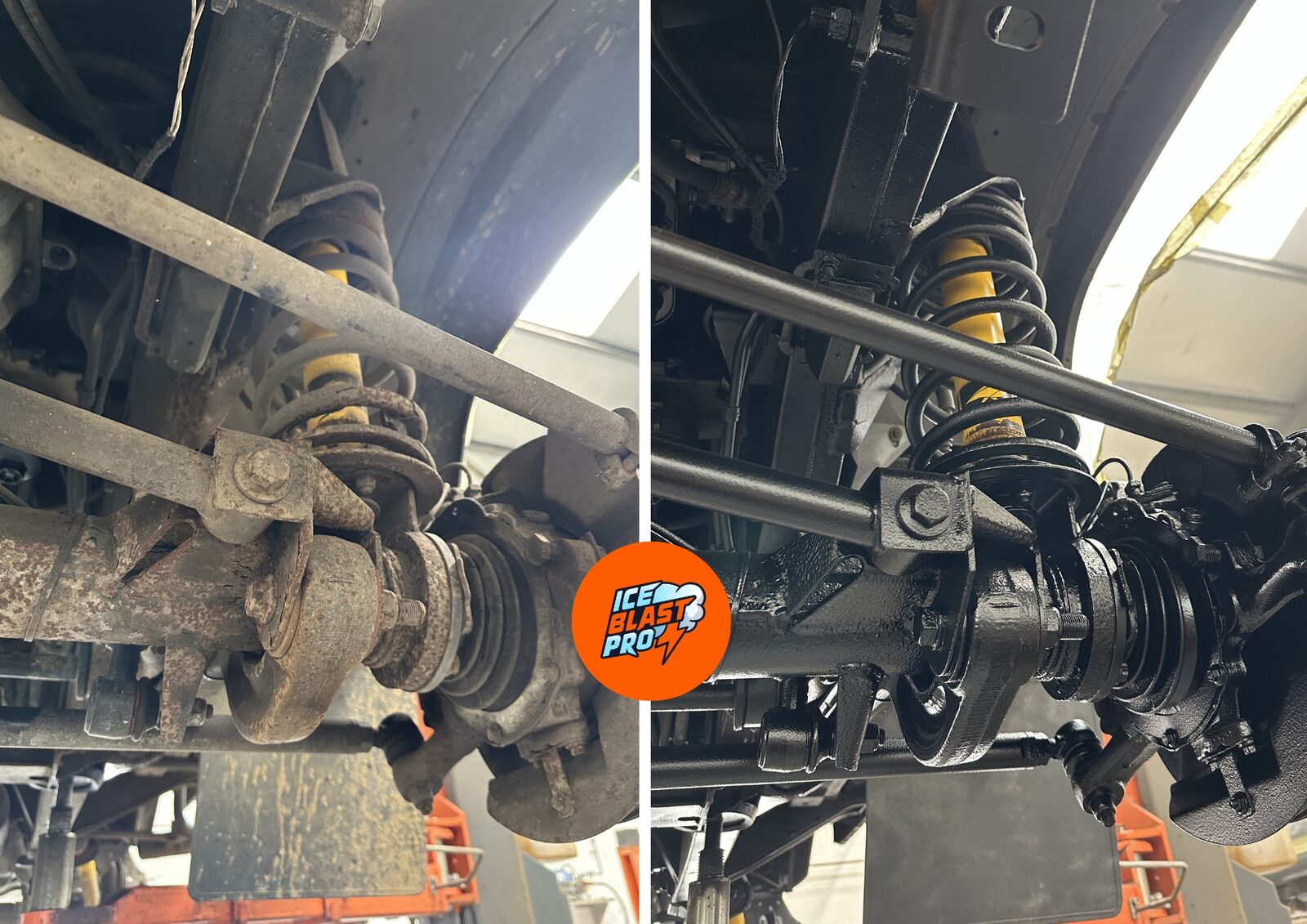 Land Rover Defender 110 front suspension and radius arm before and after – coil, hub and driveshaft cleaned, treated and sealed