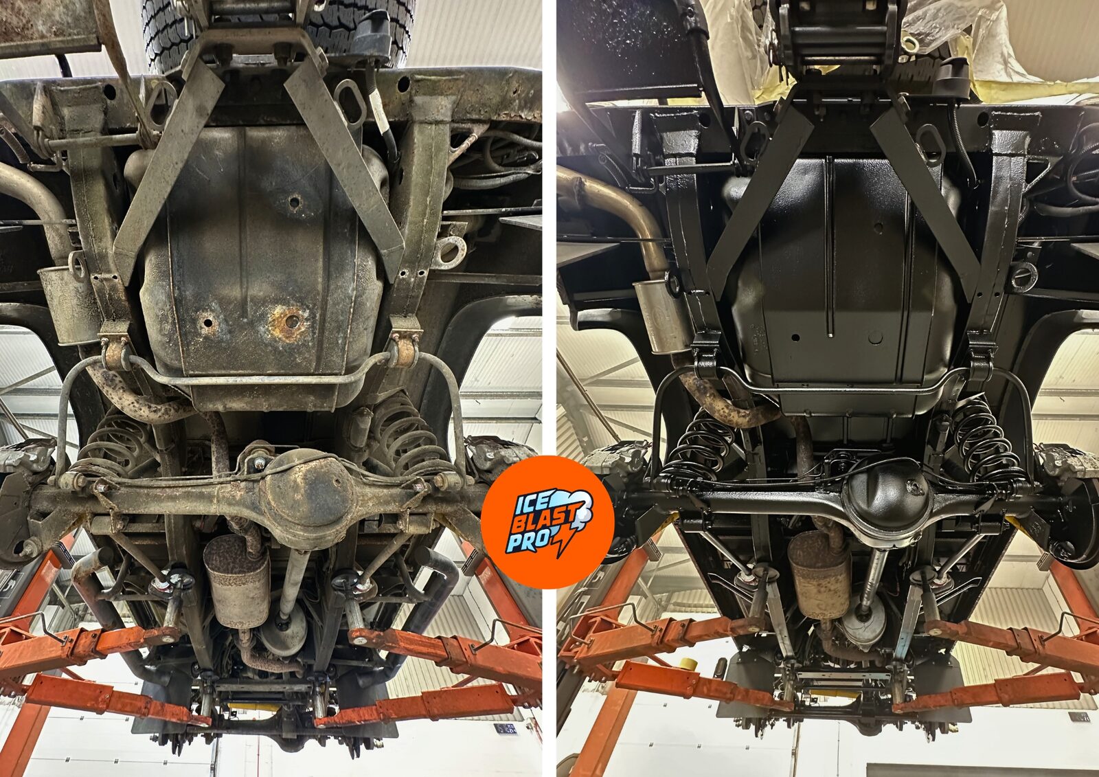 Land Rover Defender 110 (2008) underbody before and after preservation – the rear axle, coil springs, chassis and fuel tank guard cleaned of corrosion and road grime, then finished with a protective Dinitrol coating.
