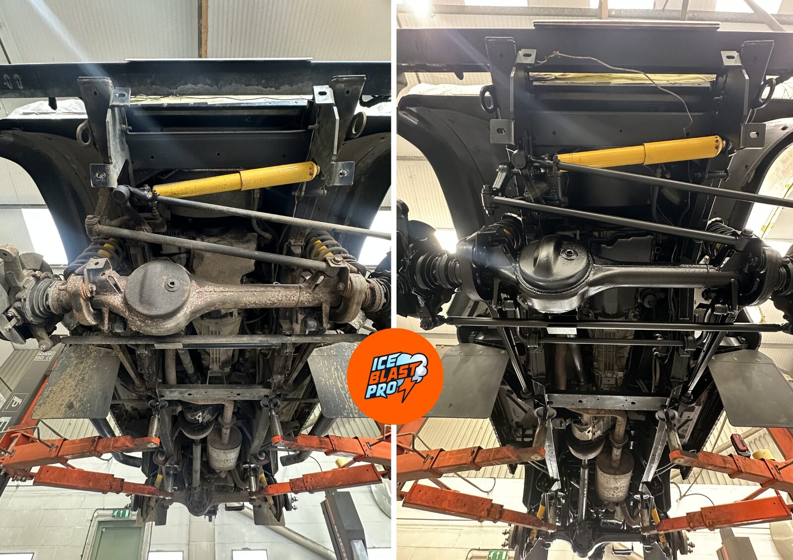 Land Rover Defender 110 rear axle and underside before and after – cleaned, rust-treated and sealed against mud and salt