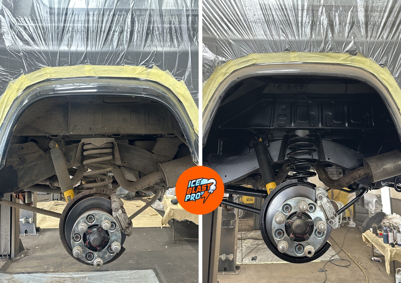 Land Rover Defender 110 wheel arch before and after dry ice blasting and Dinitrol protection at IceBlastPro