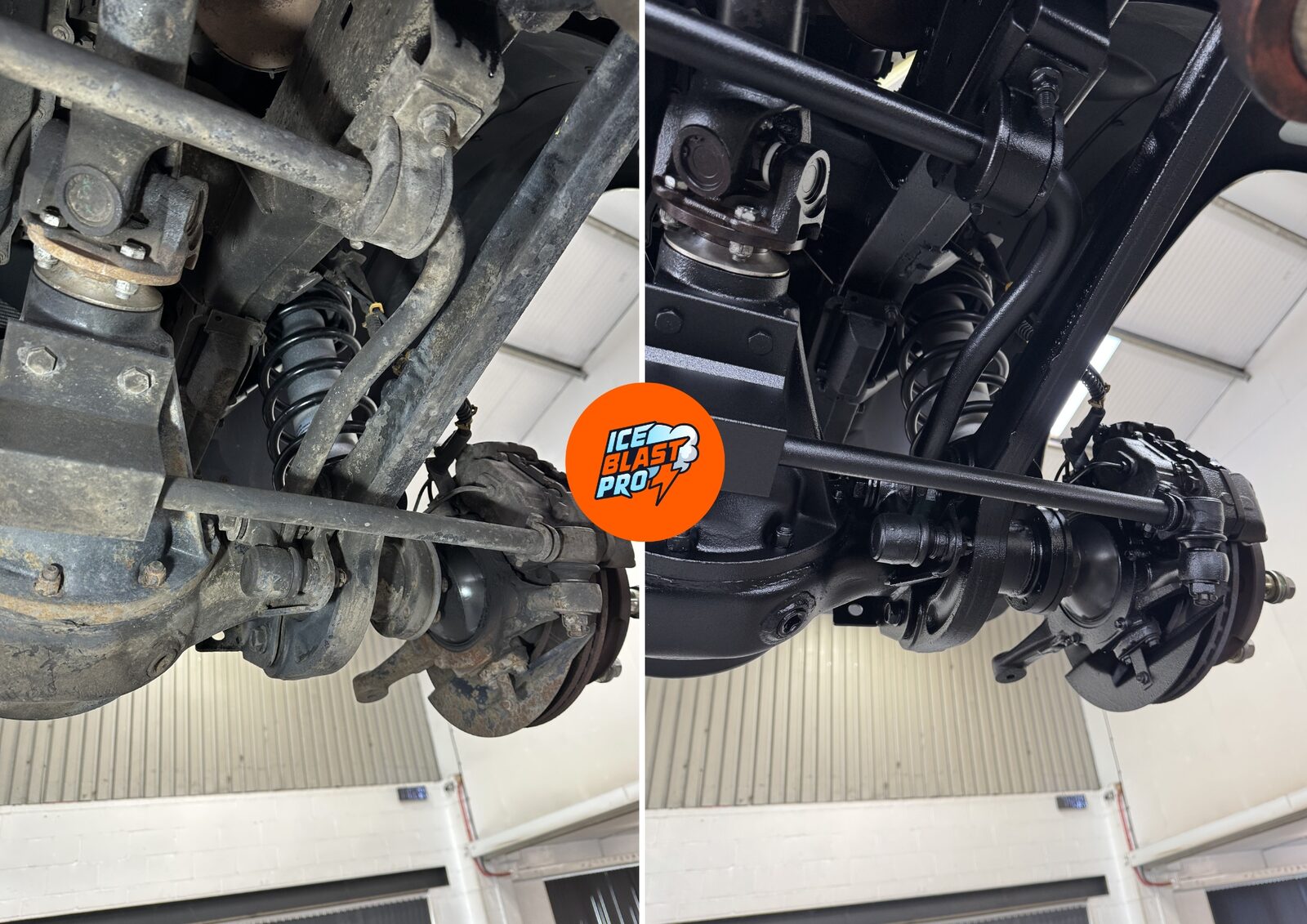 Land Rover Defender 90 front axle and differential before and after – cleaned, rust-treated and sealed with a durable black underbody protection