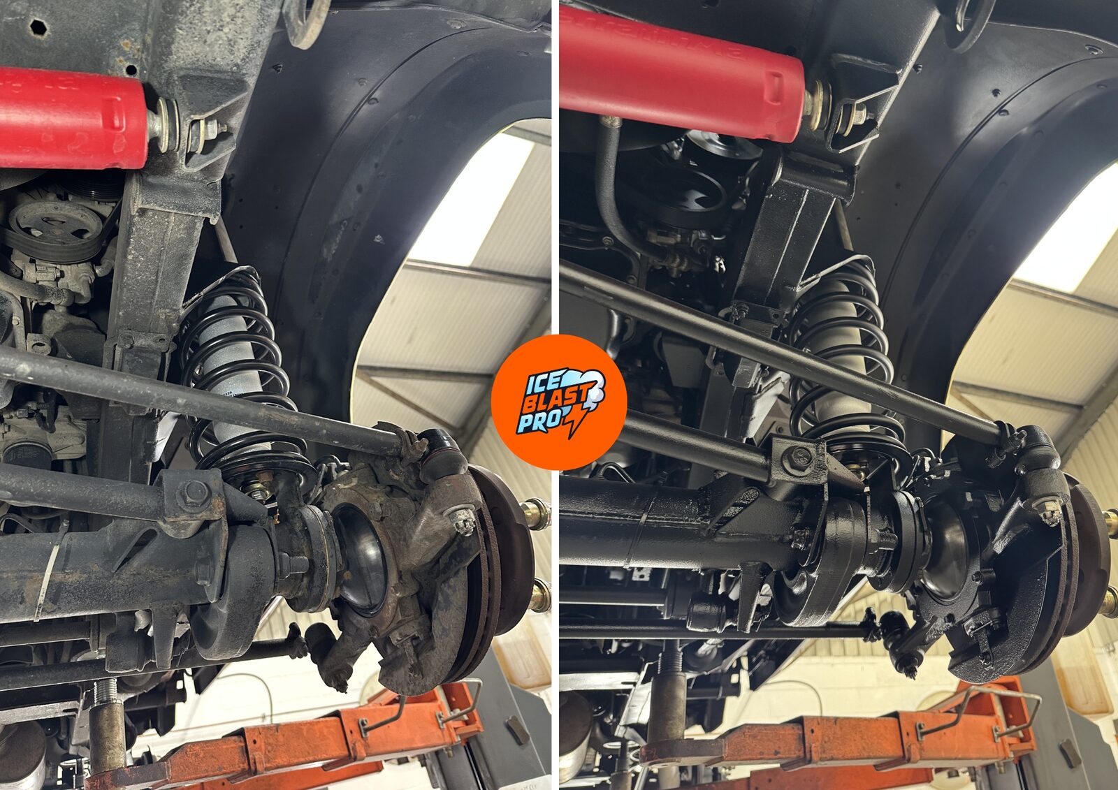 Land Rover Defender 90 front passenger side suspension before and after – coil, hub and axle cleaned, treated and protected