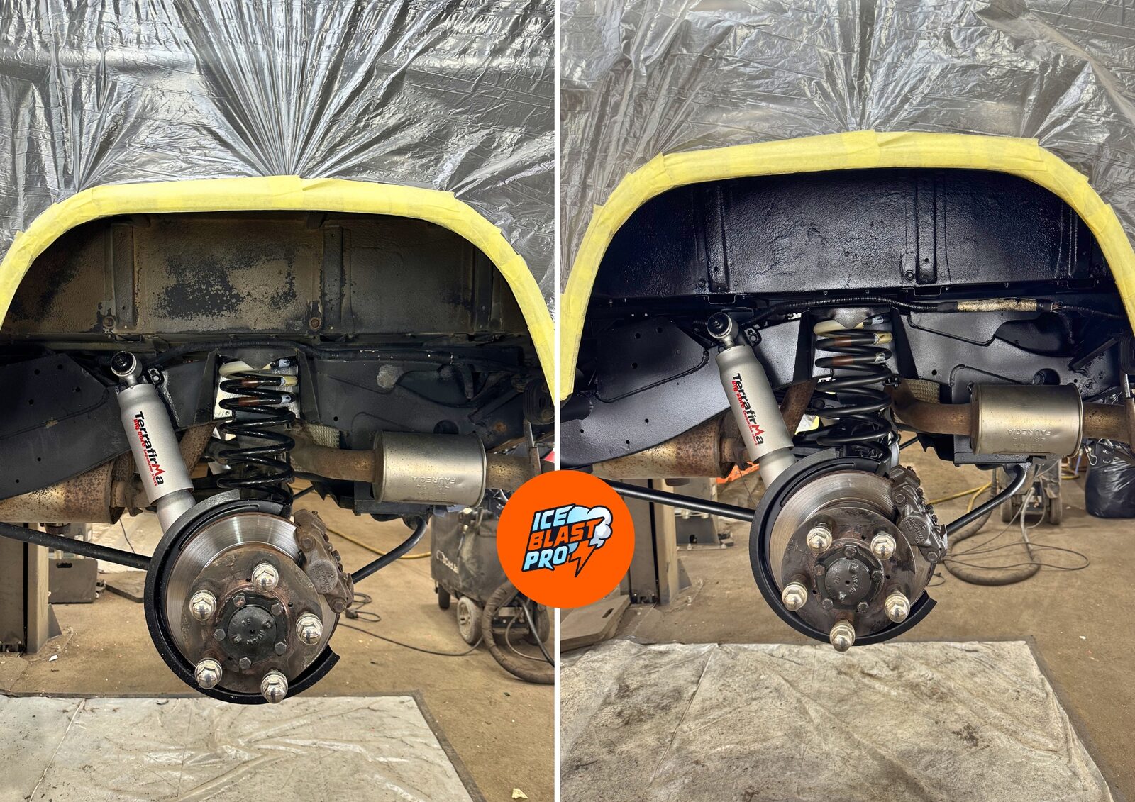Land Rover Defender 90 rear wheel arch before and after – shock, spring, hub and brake cleaned, rust-treated and sealed with a durable black underbody protection