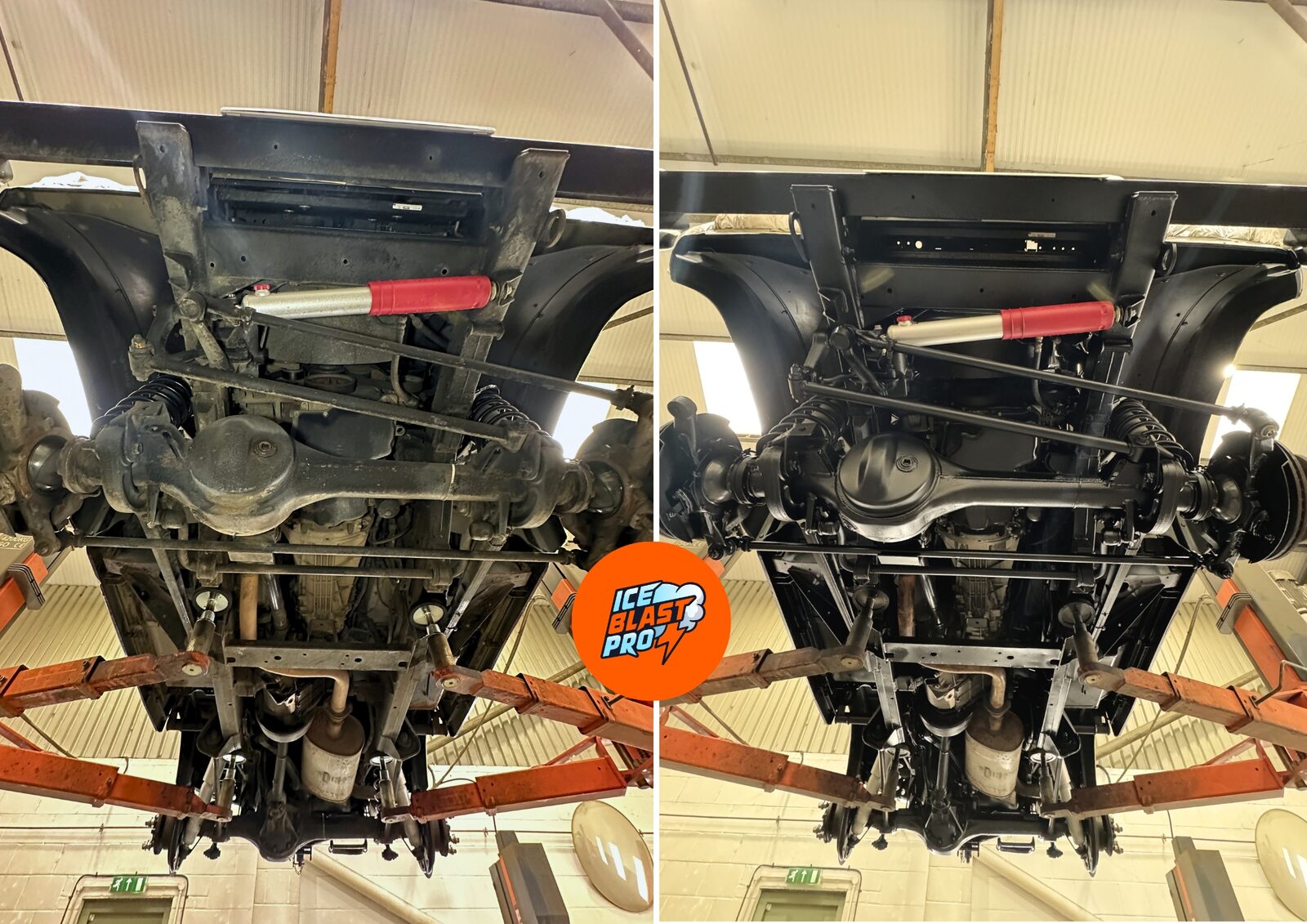 Land Rover Defender 90 underside and drivetrain before and after – cleaned, rust-treated and sealed with a durable black underbody protection
