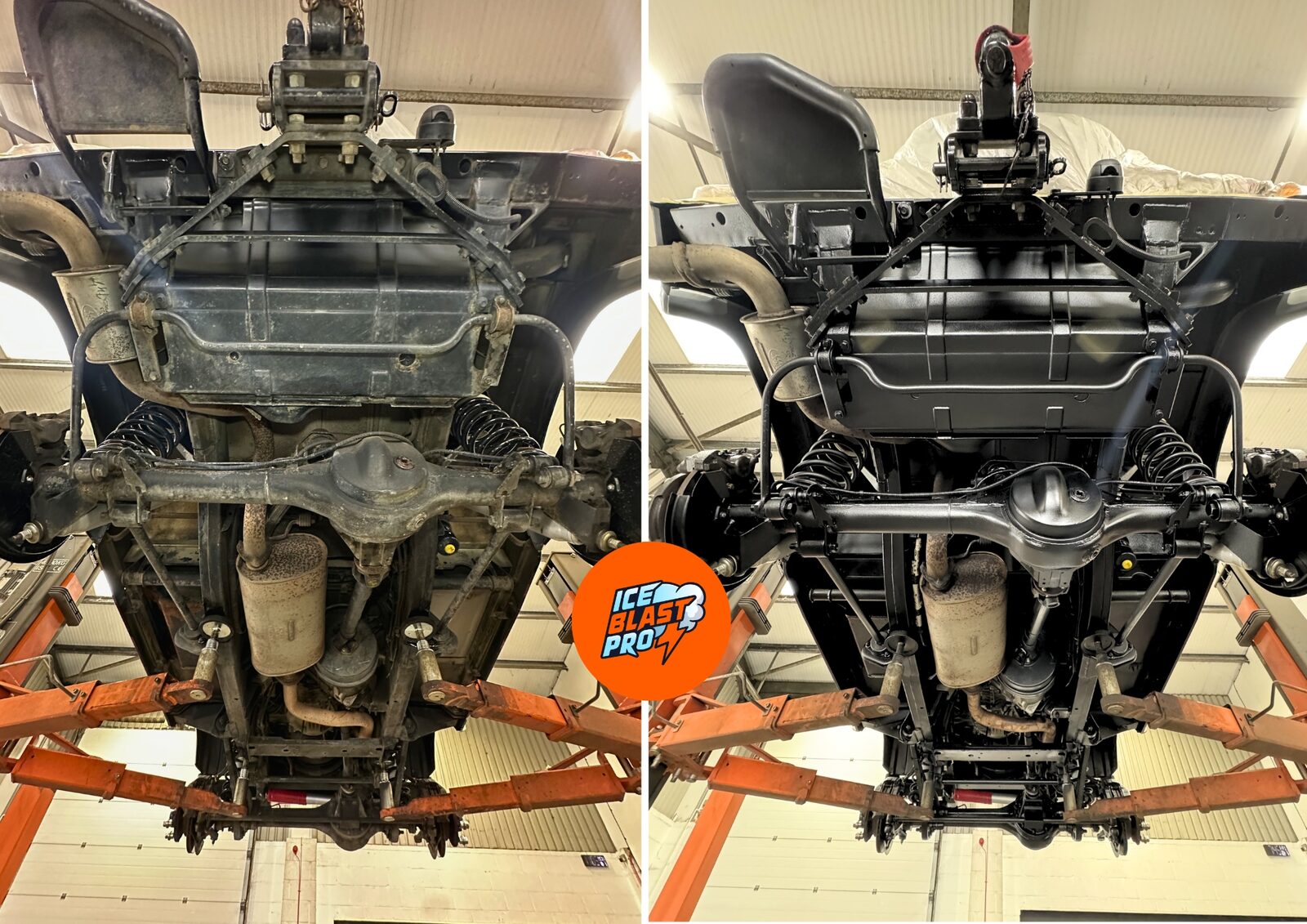 Land Rover Defender 90 underbody before and after dry ice blasting, multi-stage rust treatment and durable underbody protection