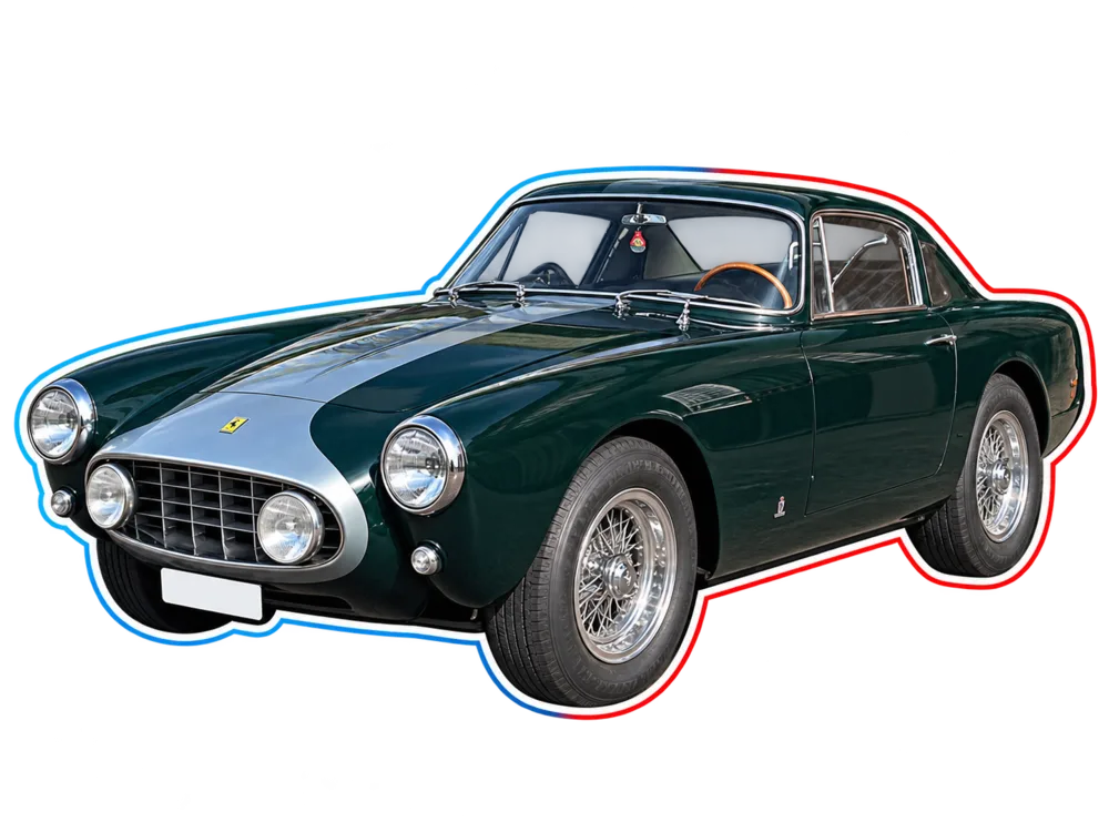 Dark green Ferrari 250 GTO classic coupe viewed from the front three-quarter angle