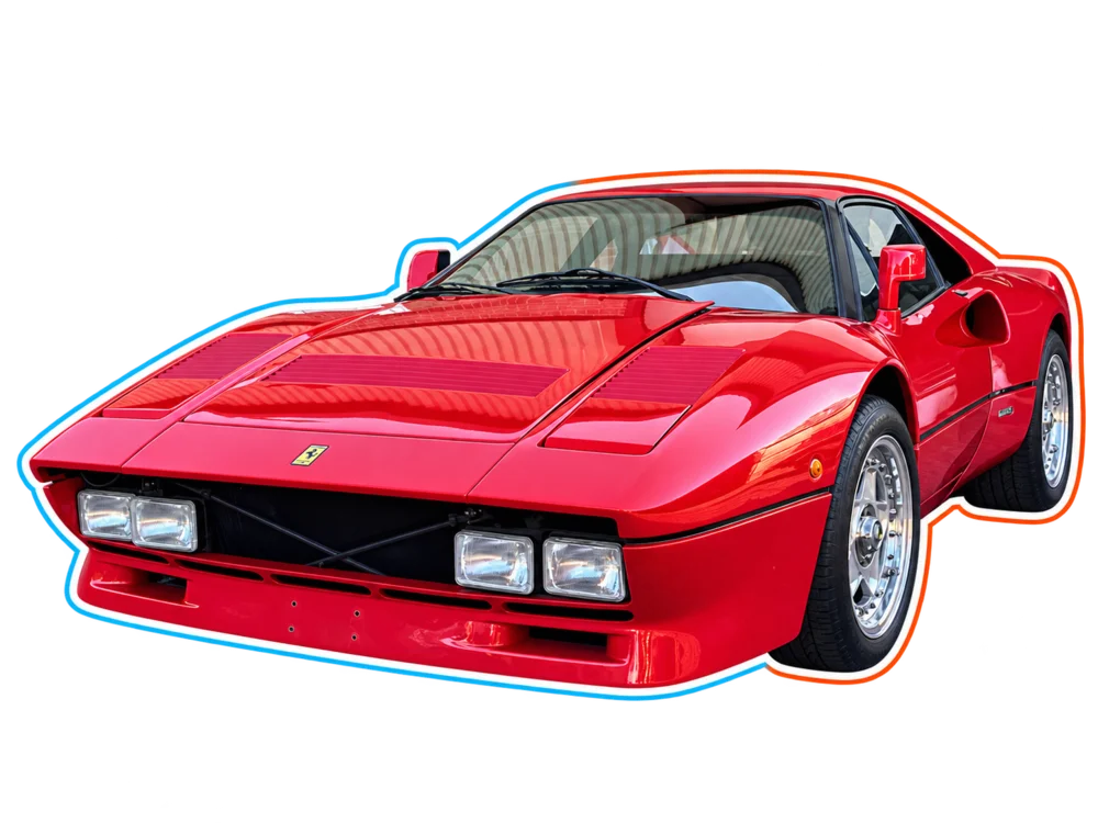 Red Ferrari 288 GTO cutout viewed from the front three-quarter angle