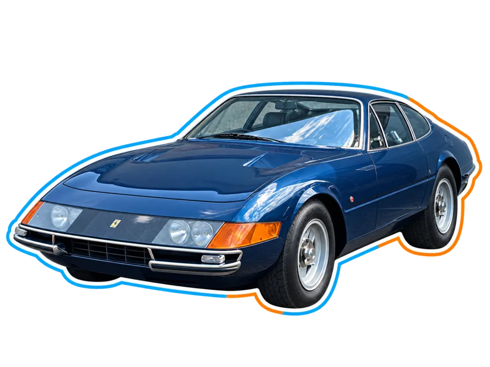Blue Ferrari 365 GTB/4 Daytona viewed from the front three-quarter angle