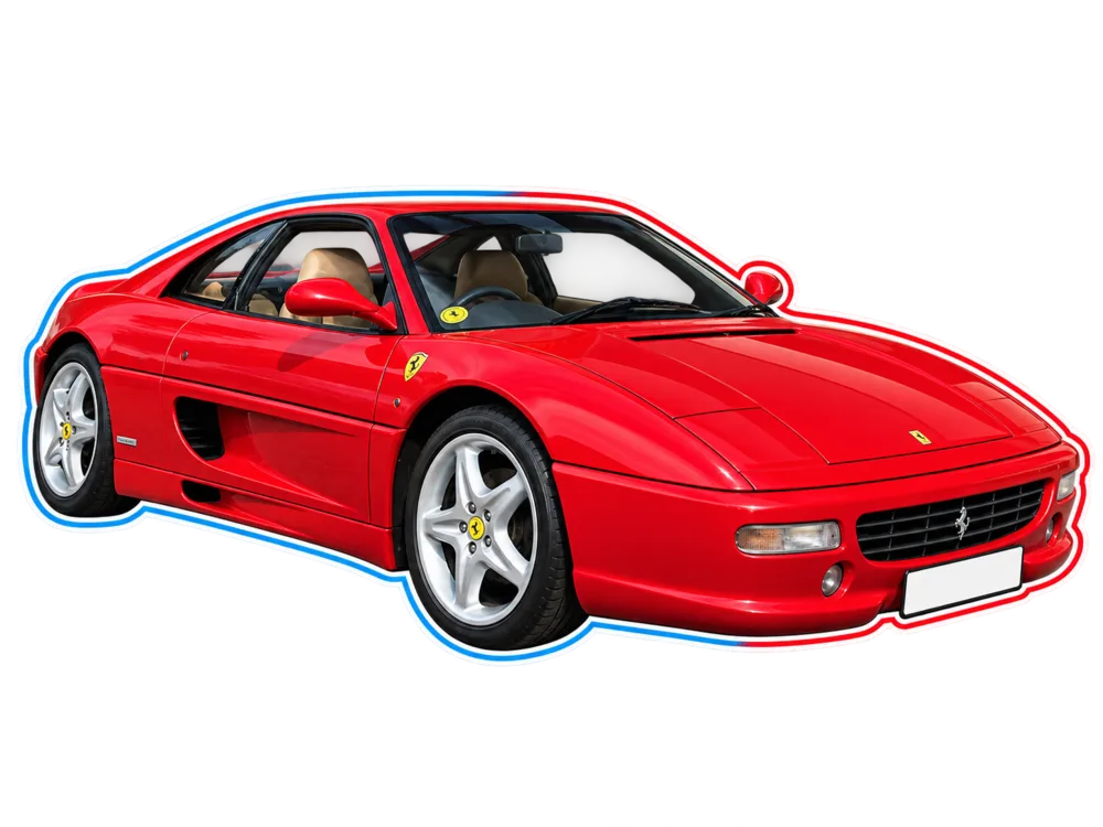 Red Ferrari F355 performance car viewed from the front three-quarter angle