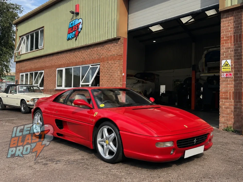 Red Ferrari F355 outside the IceBlastPro workshop in Oxfordshire