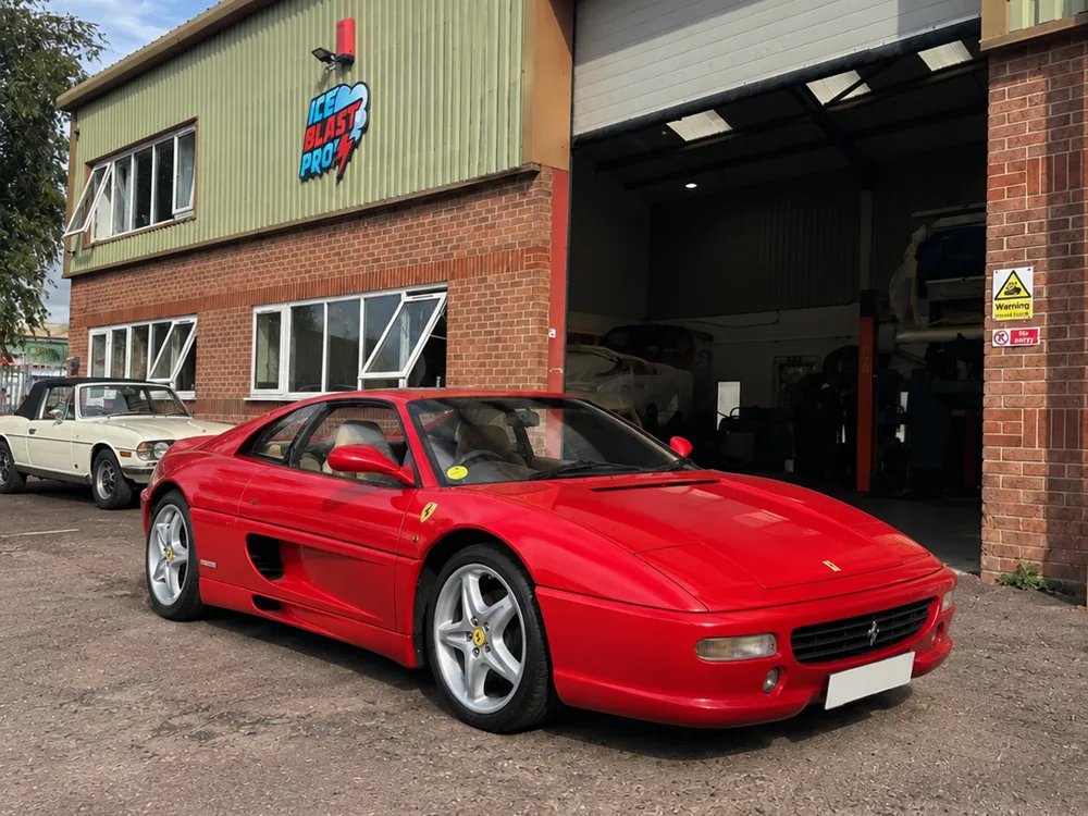 Red Ferrari F355 outside the IceBlastPro workshop in Oxfordshire