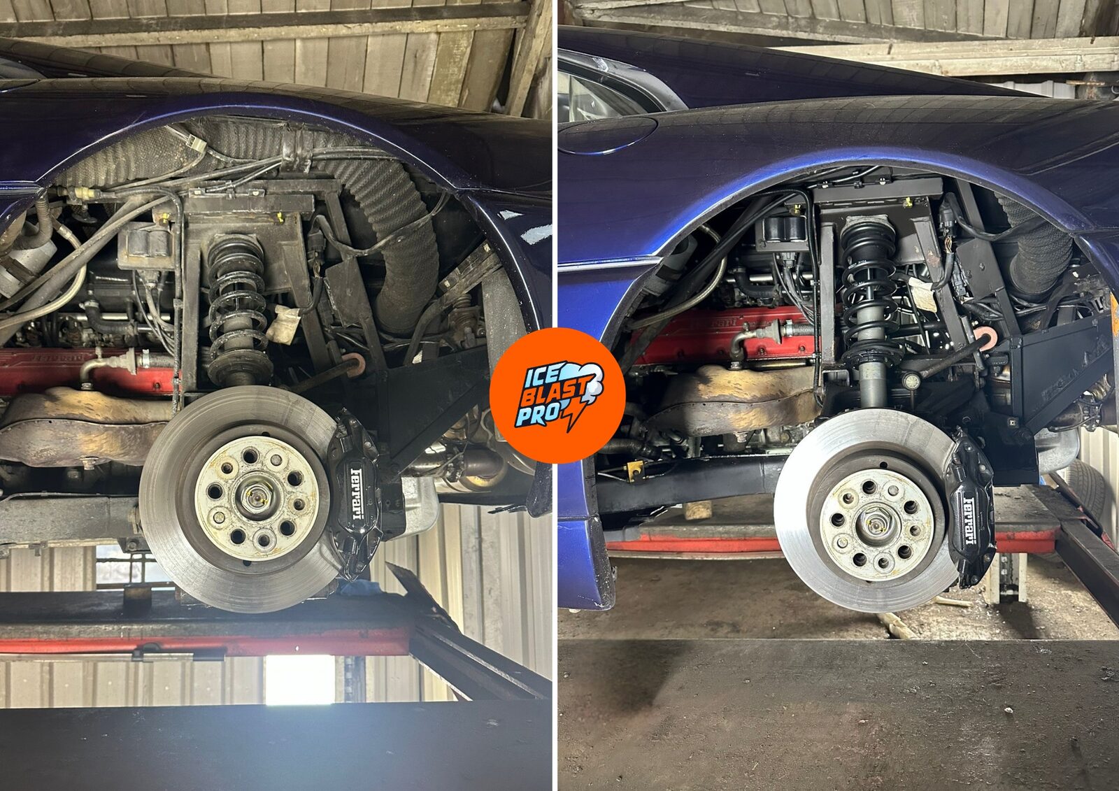 Ferrari F355 rear wheel arch and suspension before and after dry ice blasting – coil spring, brake disc and arch cleaned back to reveal the original metal and finishes
