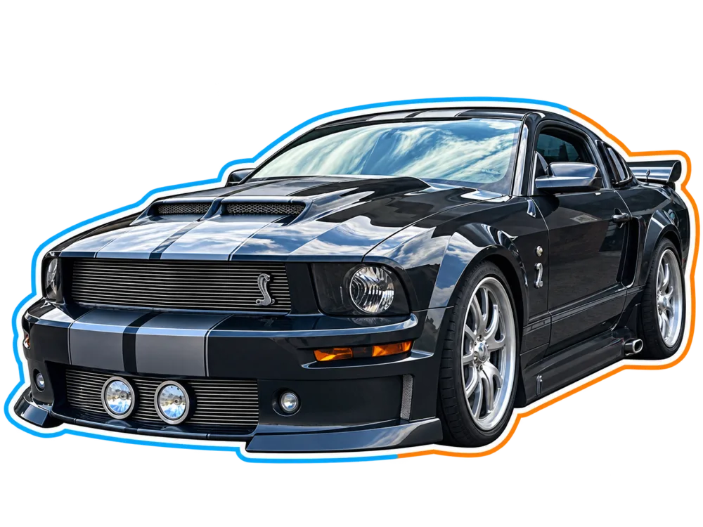 Black Ford Mustang Shelby GT500 with silver stripes viewed from the front