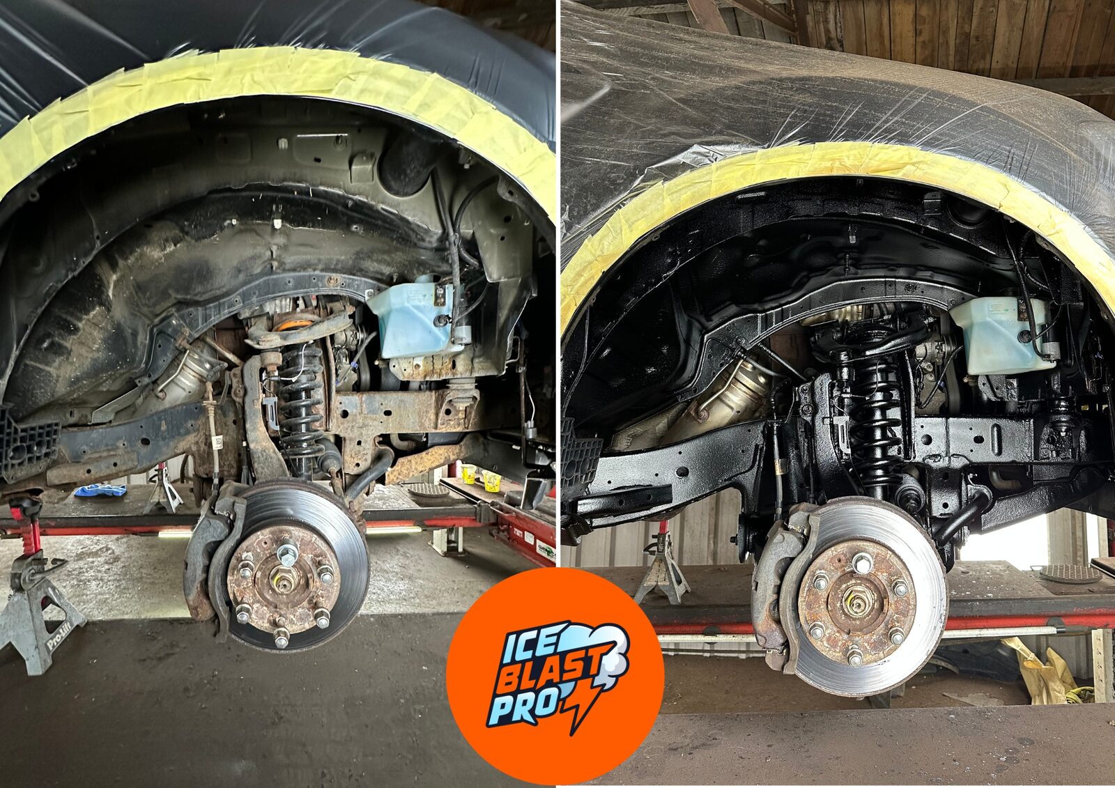Ford Ranger front wheel arch and inner wing before and after – coil, hub and arch cleaned, treated and sealed