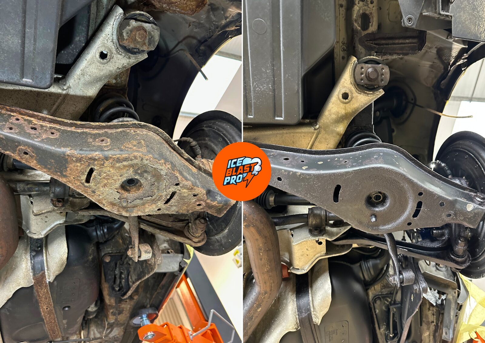 Volkswagen Golf R32 rear lower control arm before and after dry ice blasting – baked-on rust and road grime lifted to reveal clean bare metal with no abrasion.