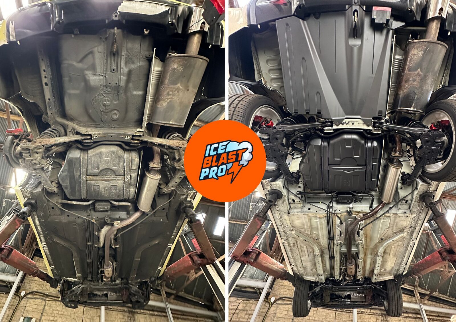 Honda Civic Type R full underbody and rear subframe before and after dry ice blasting, road dirt and surface grime cleaned off the floorpan, suspension arms and exhaust.