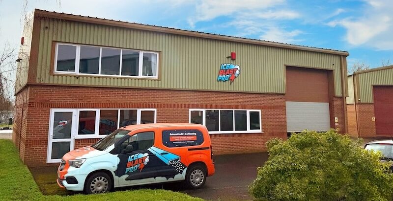 The IceBlastPro automotive dry ice blasting facility – a brick and clad industrial unit with the branded IceBlastPro van parked outside