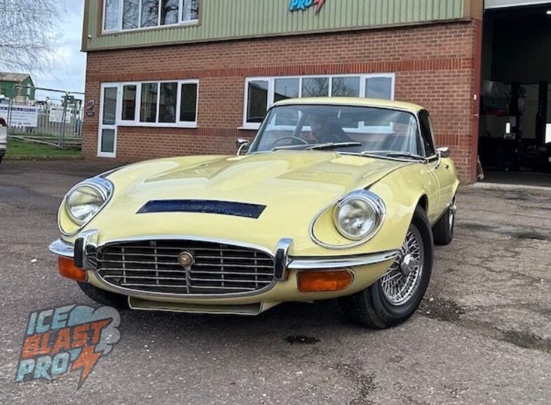 Jaguar E-Type outside the IceBlastPro workshop