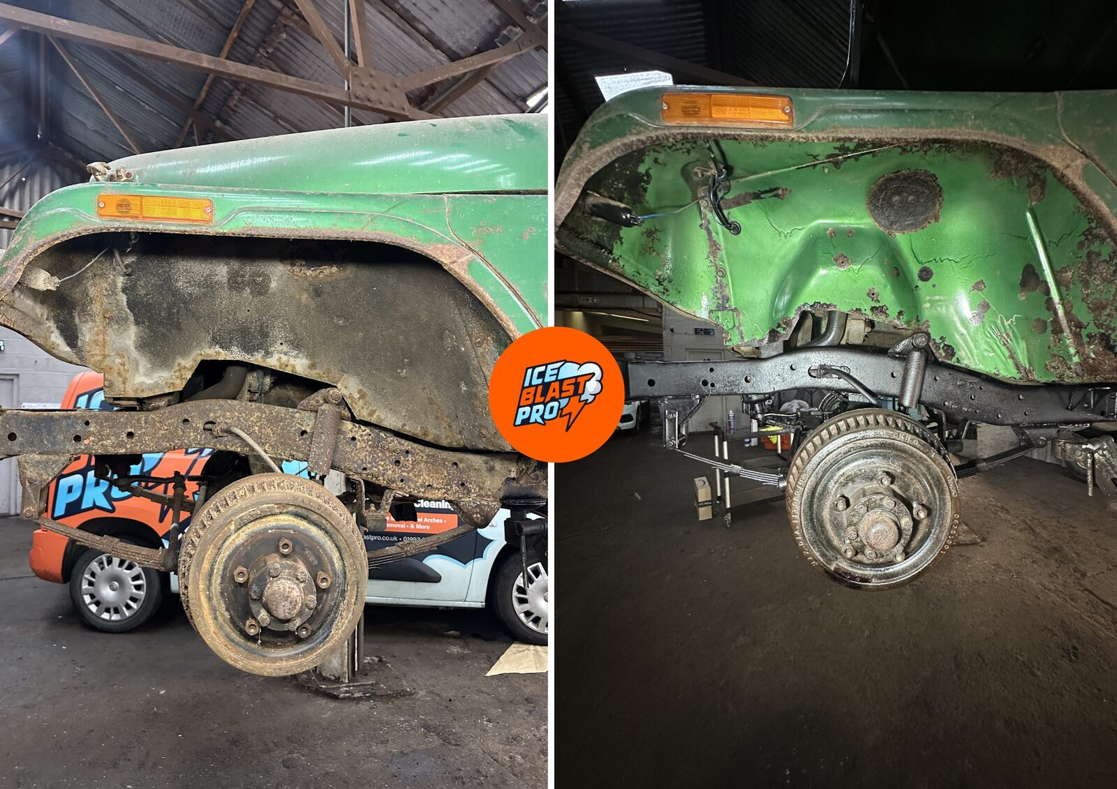 Jeep CJ5 inner wheel arch before and after dry ice blasting – cleaned back to expose the true condition of the metal