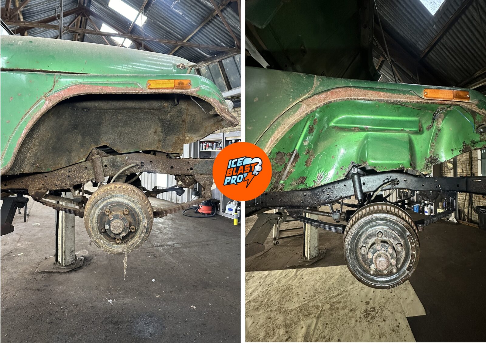 Jeep CJ5 rear wheel arch and chassis rail before and after – caked grime cleaned back to reveal the metal
