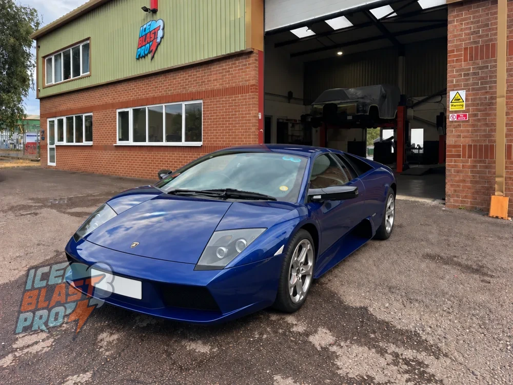 Blue Lamborghini Murciélago outside the IceBlastPro workshop in Oxfordshire
