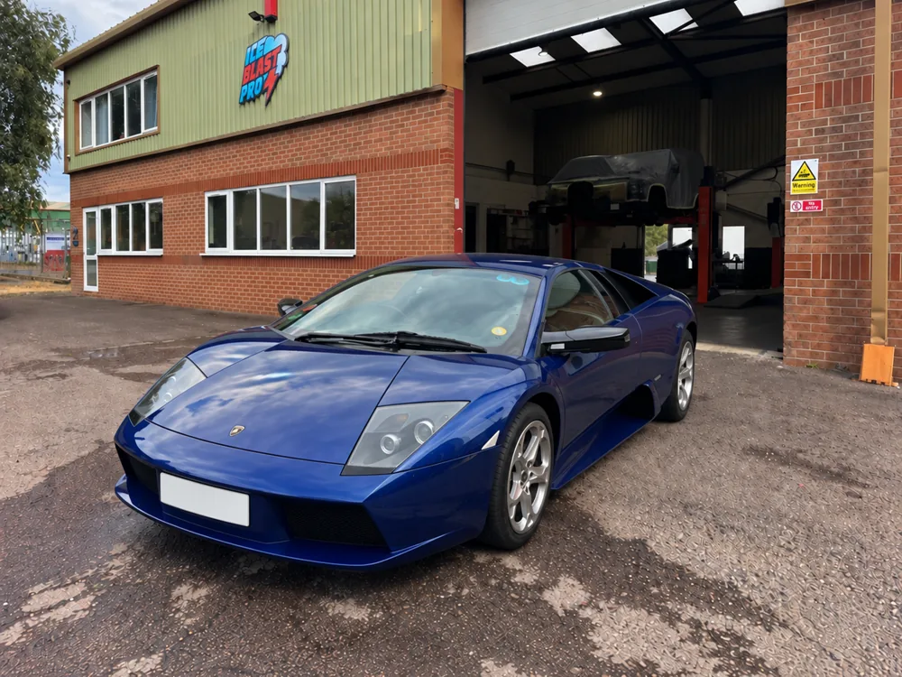 Blue Lamborghini Murciélago outside the IceBlastPro workshop in Oxfordshire