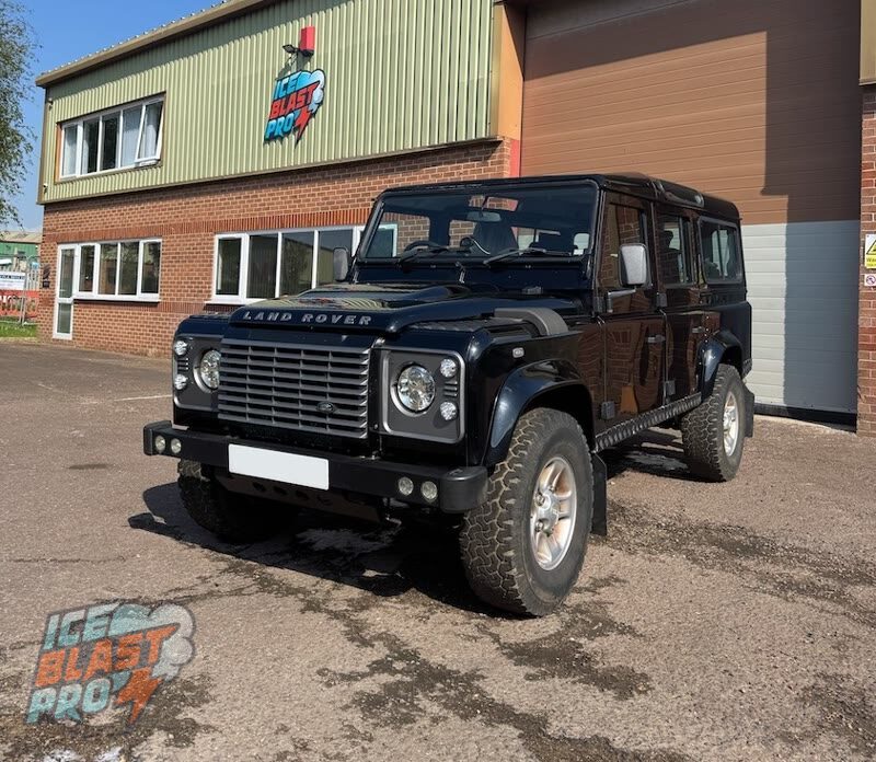 Land Rover Defender outside the IceBlastPro workshop
