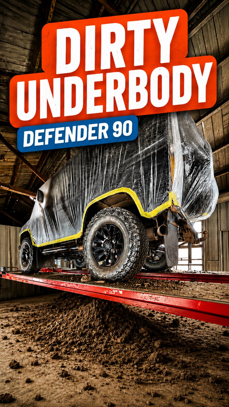 A mud-caked Land Rover Defender 90 underbody on the ramp before dry ice blasting – IceBlastPro