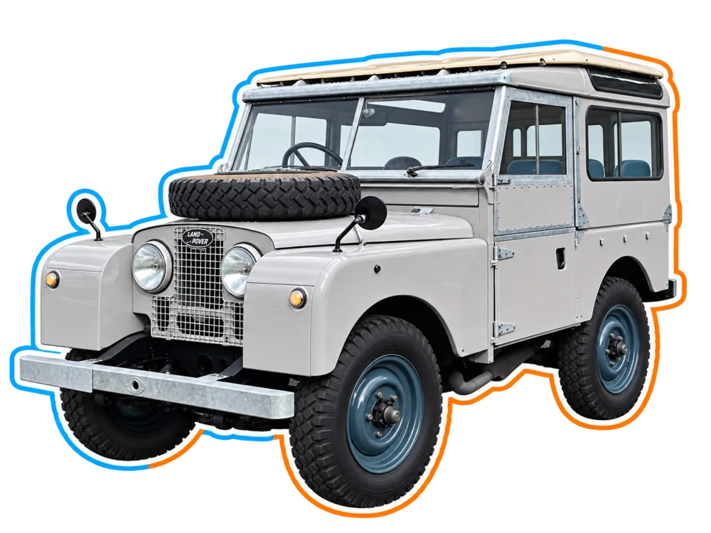 White classic Land Rover Series I viewed from the front three-quarter angle