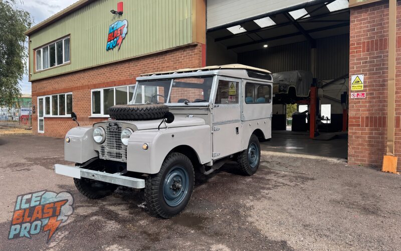 Classic Land Rover Series I outside the IceBlastPro workshop