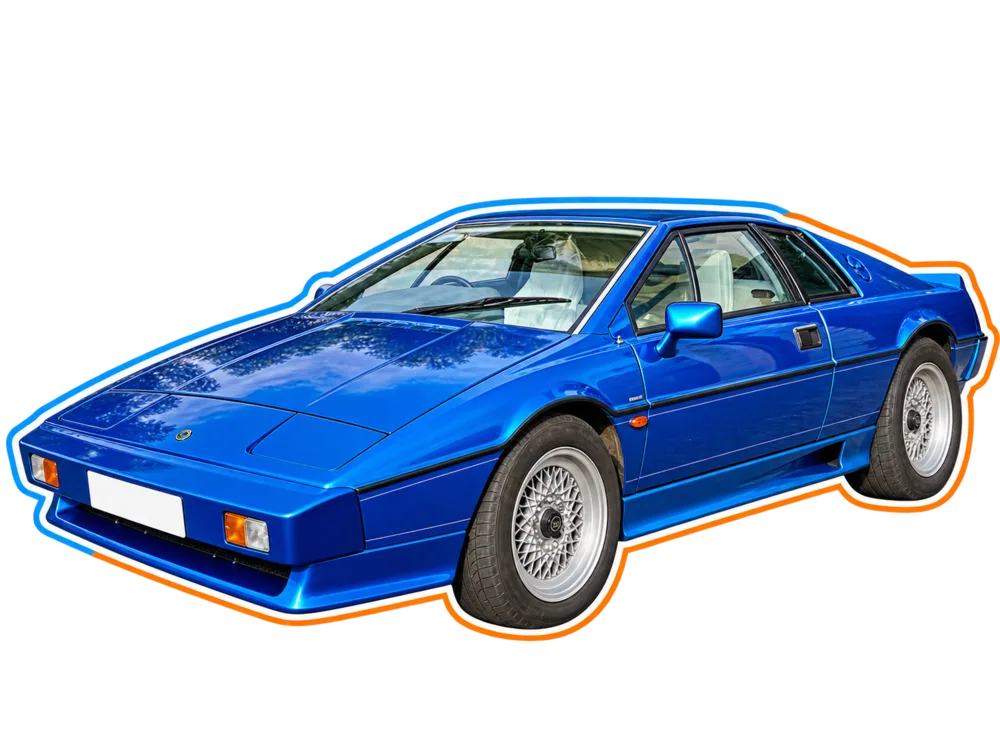 Blue Lotus Esprit sports car viewed from the front three-quarter angle