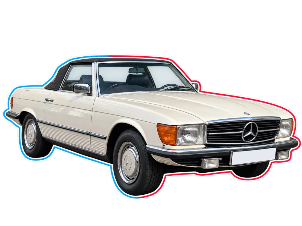 Cream classic Mercedes-Benz SL roadster viewed from the front three-quarter angle