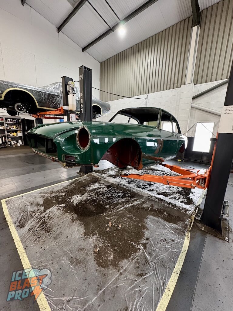 MG MGB GT body shell outside the IceBlastPro workshop