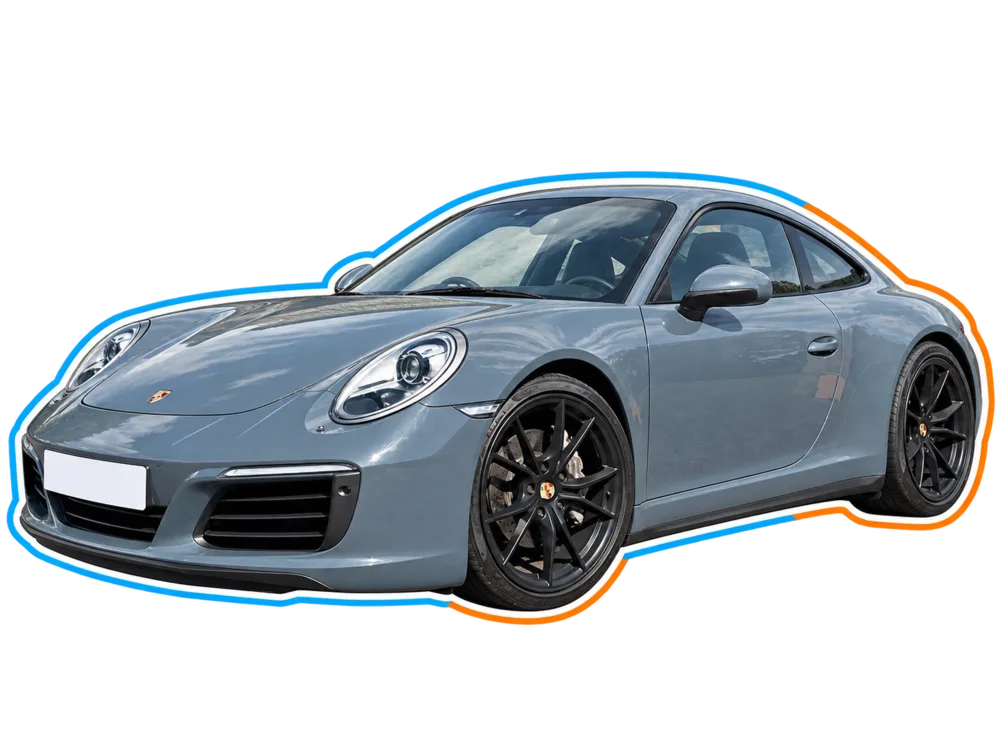 Grey modern Porsche 911 Carrera viewed from the front three-quarter angle