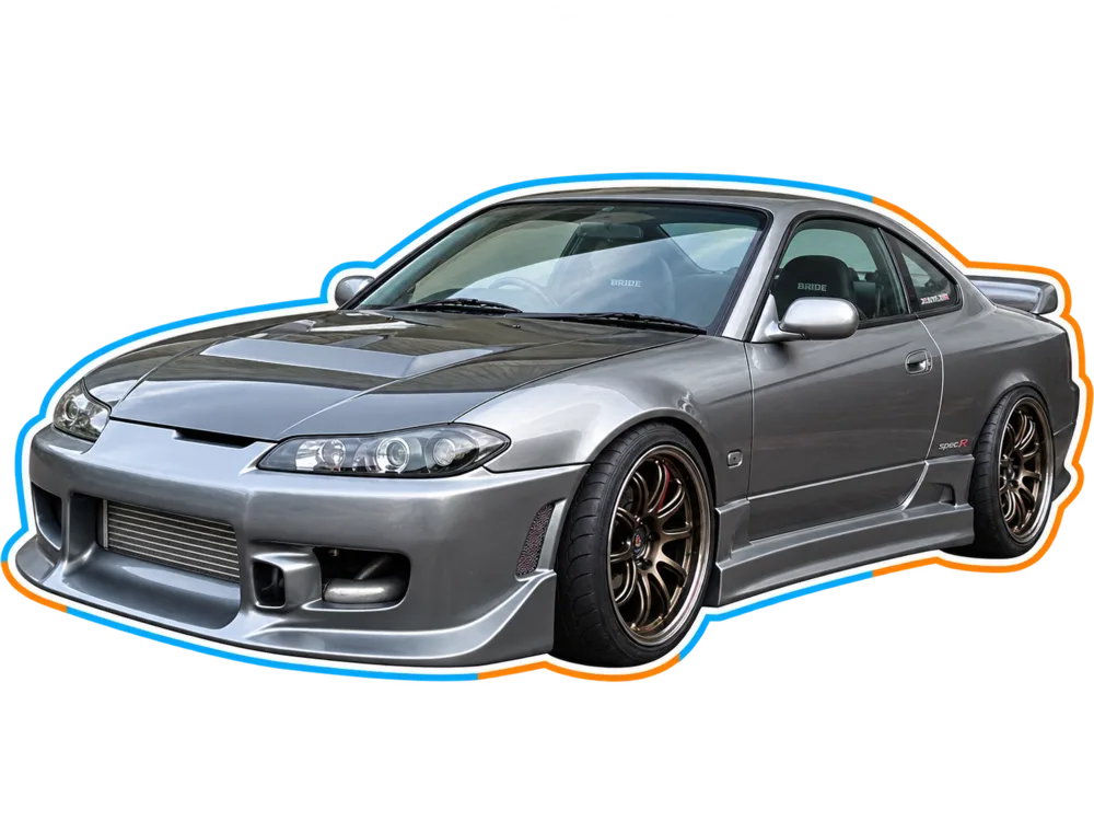 Grey Nissan Silvia S15 performance coupe viewed from the front three-quarter angle