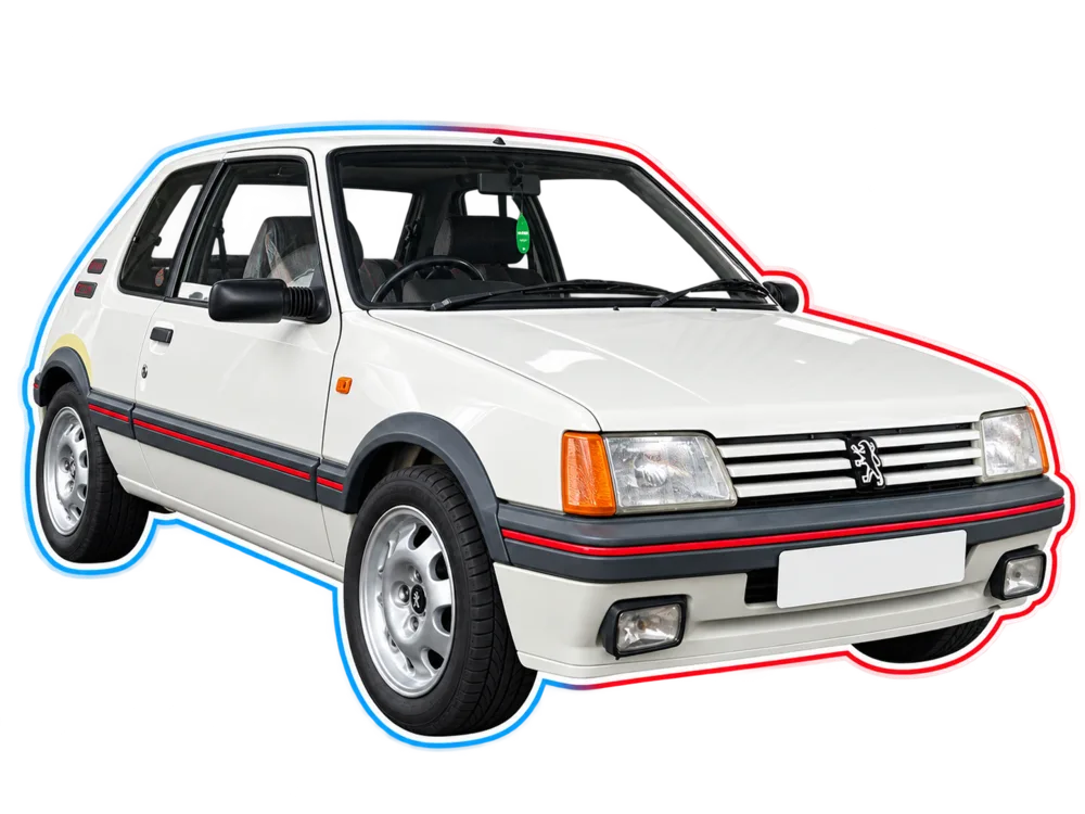 White Peugeot 205 GTI hot hatch viewed from the front three-quarter angle