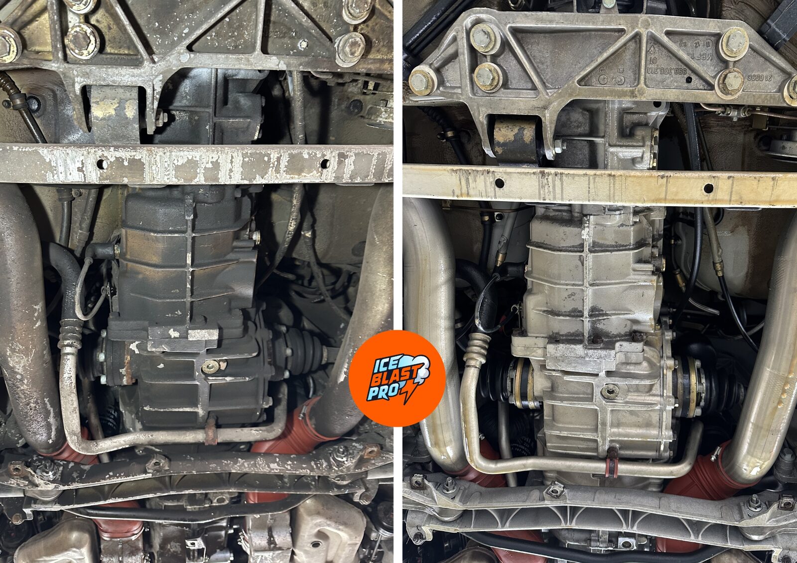 1997 Porsche 911 (993) Turbo gearbox and rear underbody before and after dry ice blasting, baked-on oil and road grime lifted to reveal the clean alloy casing and crossmember.