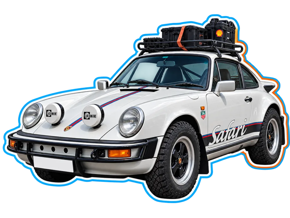 White lifted Porsche 911 Safari with roof-mounted equipment viewed from the front