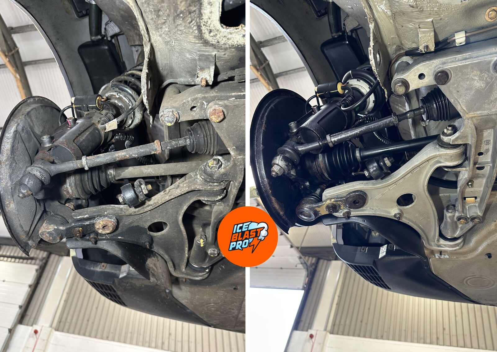 Porsche 964 front lower control arm and driveshaft before and after dry ice blasting – hub, arm and shaft cleaned back to reveal the alloy