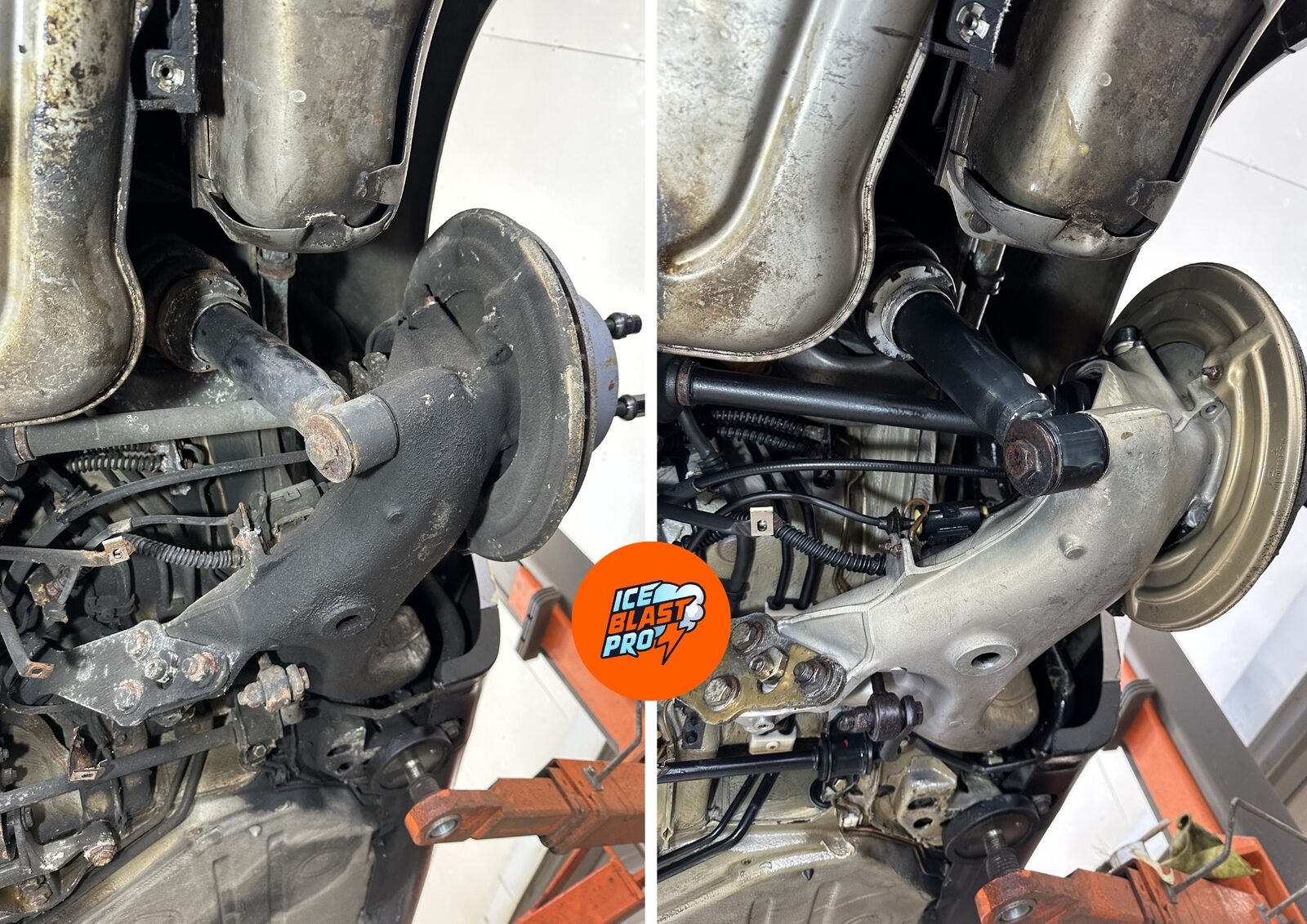 Porsche 964 underbody exhaust and lower arm before and after dry ice blasting – heat exchanger, control arm and driveshaft cleaned without water
