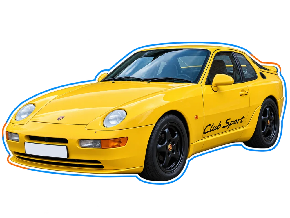 Yellow Porsche 968 Club Sport viewed from the front three-quarter angle
