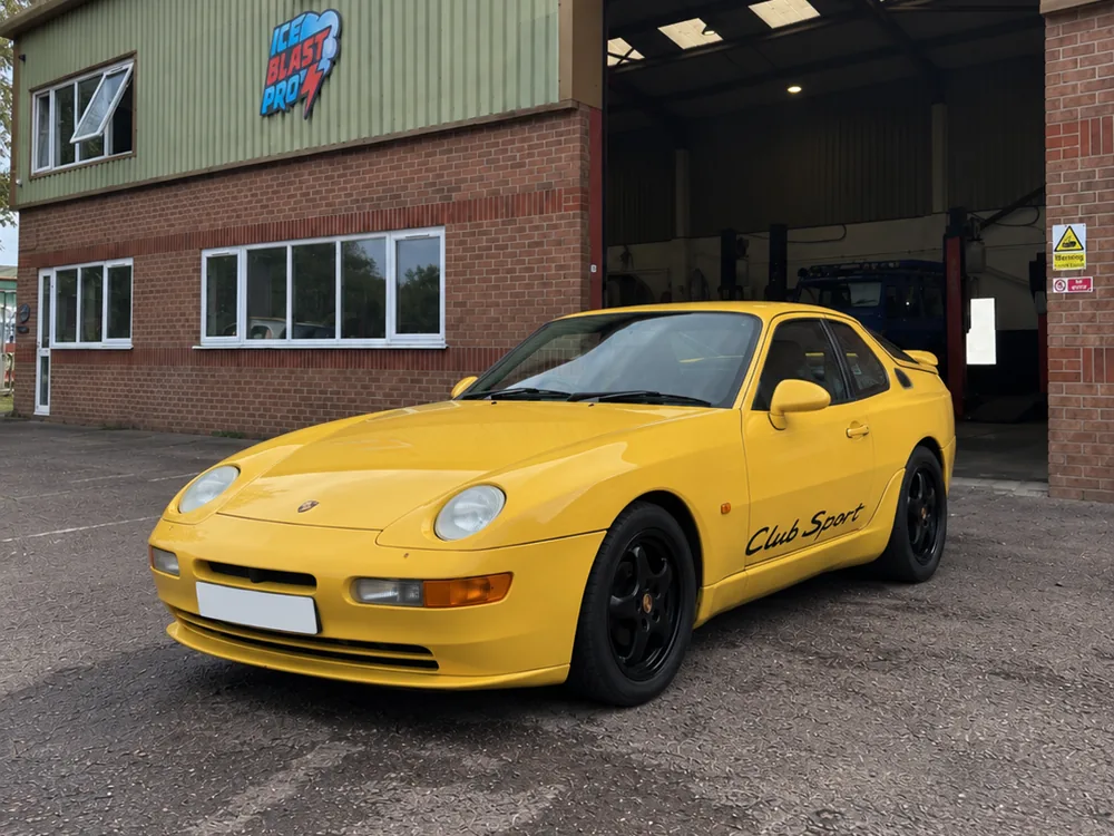 Yellow Porsche 968 Club Sport outside the IceBlastPro workshop in Oxfordshire