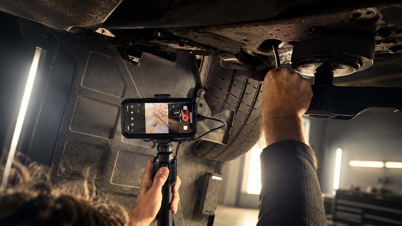 A technician using a borescope inspection camera linked to a phone to check inside the cavities and box sections of a car on a ramp during an annual underbody check.