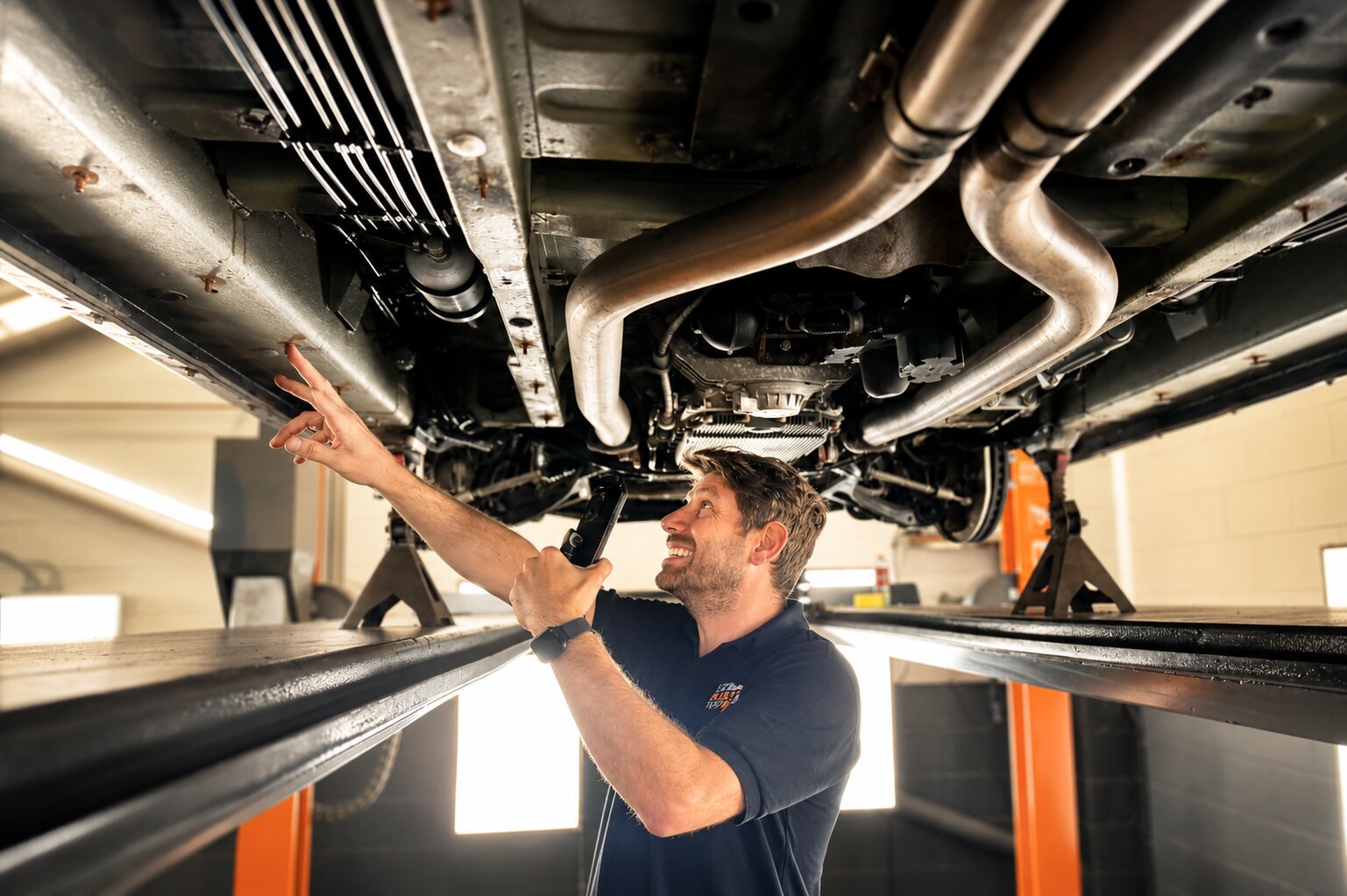 An IceBlastPro technician inspecting the underside of a preserved car on a two-post ramp, checking the coatings, high-wear areas and exhaust line during an annual maintenance visit.